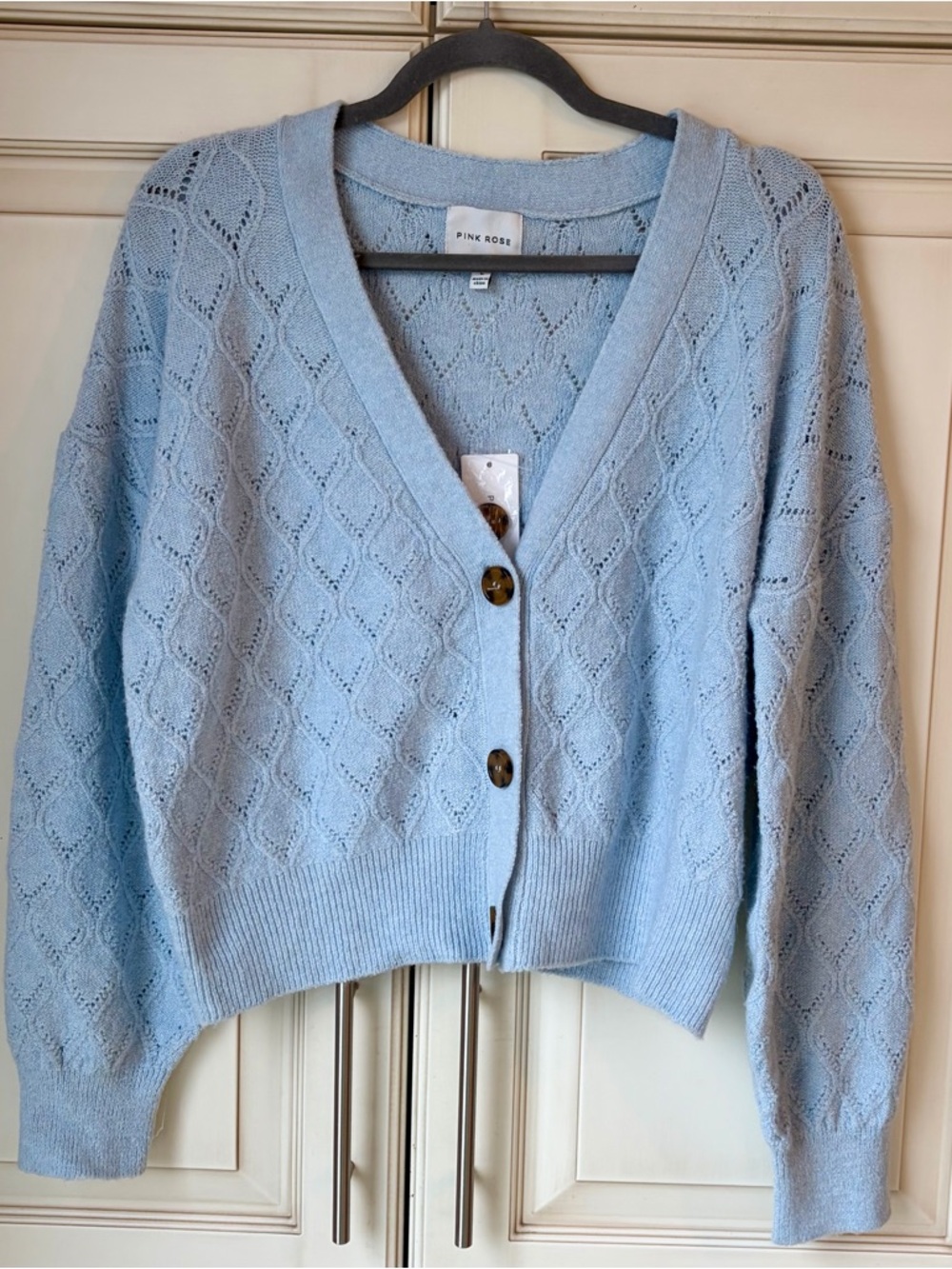NWT Pink Rose Sky Blue Diamond Open-Knit V-Neck Cardigan. Large